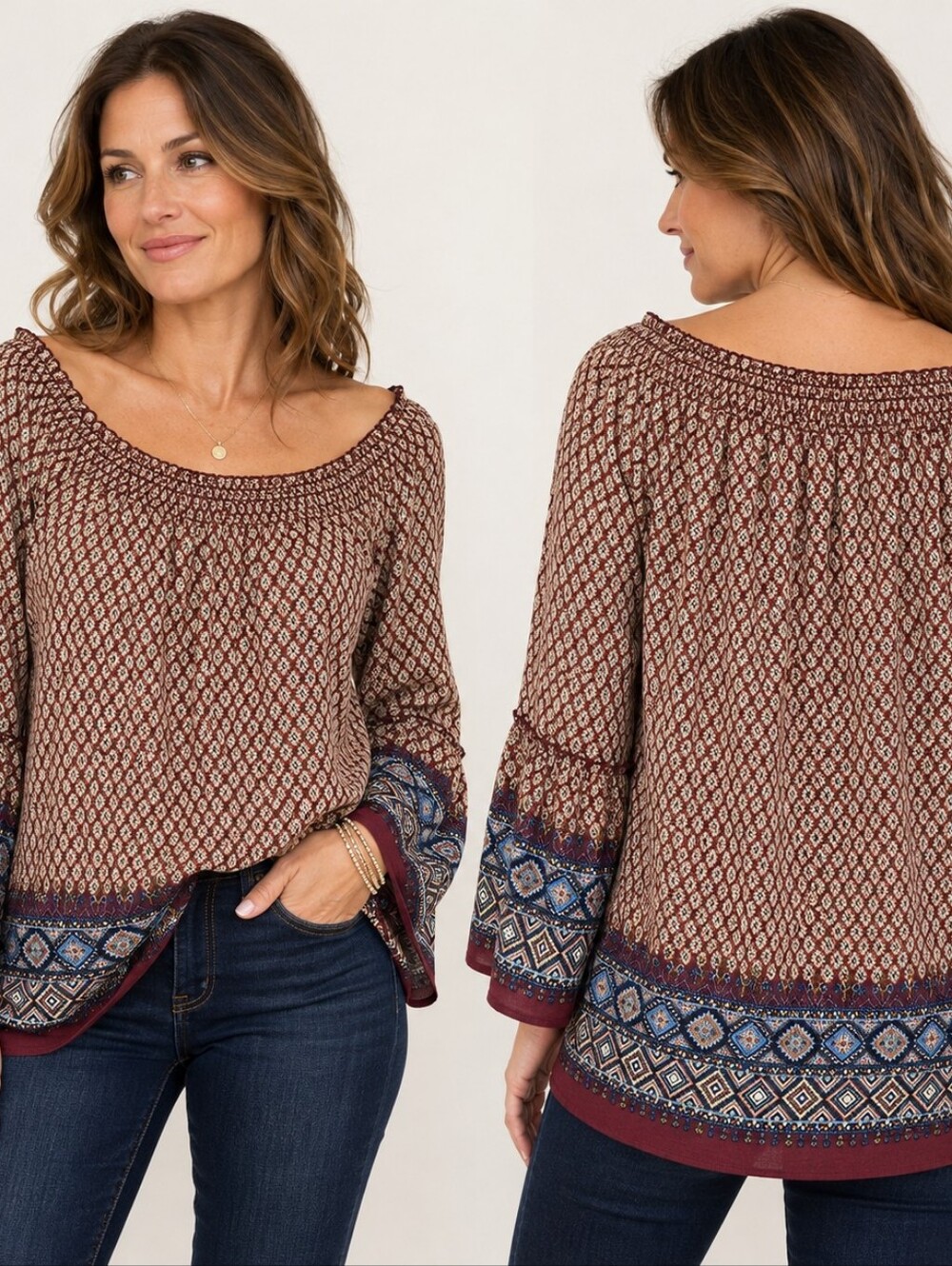 MTS Size L Burgundy Geometric Peasant Blouse Bell Sleeve Boho Western Eclectic